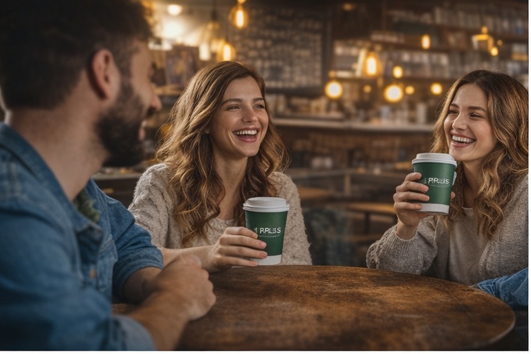 Kafede karton kahve bardakları ile oturan insanlar