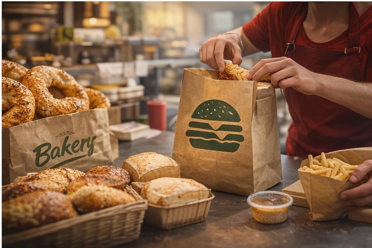 Hamburger dükkanında hazırlanan baskılı kraft çanta